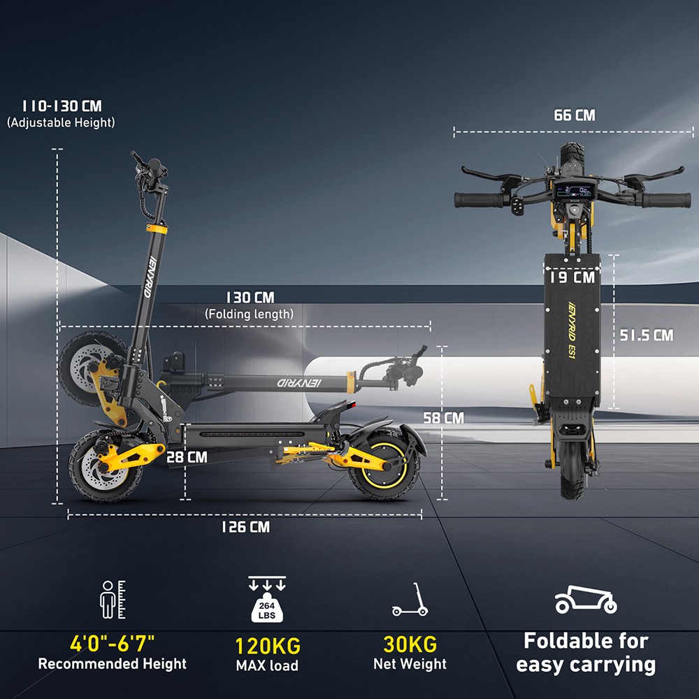 Skuter elektryczny iENYRID ES1, silnik 250 W x 2, akumulator 48 V 20,8 Ah, 10-calowe opony terenowe, prędkość maksymalna 25 km/h, zasięg 60 km, podwójne hamulce tarczowe, przednie i tylne hydrauliczne zawieszenie sprężynowe, tempomat