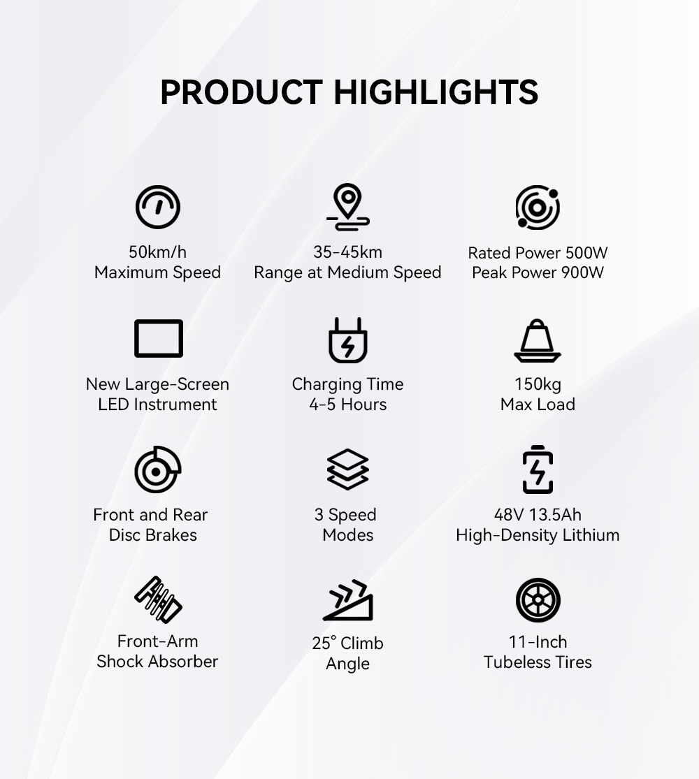 OOTD Scooter eléctrico T10, motor de 500 W, batería de 48 V 13,5 Ah, neumáticos de 11 pulgadas, velocidad máxima de 50 km/h, alcance de 45 km, frenos de disco delanteros y traseros, amortiguadores de resorte delanteros y traseros