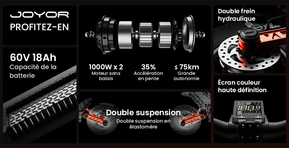 Joyor S10-S-Z elektrisk skoter, 10 tum terrängdäck, 60V 18Ah batteri, 1000W*2 Dubbelmotor, 70-85KM Räckvidd, 120KG belastning, Dubbla hydrauliska skivbromsar, Stötdämpare, Blinkers-Svart -Svart