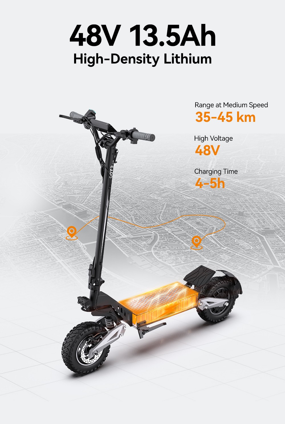 OOTD Scooter eléctrico T10, motor de 500 W, batería de 48 V 13,5 Ah, neumáticos de 11 pulgadas, velocidad máxima de 50 km/h, alcance de 45 km, frenos de disco delanteros y traseros, amortiguadores de resorte delanteros y traseros