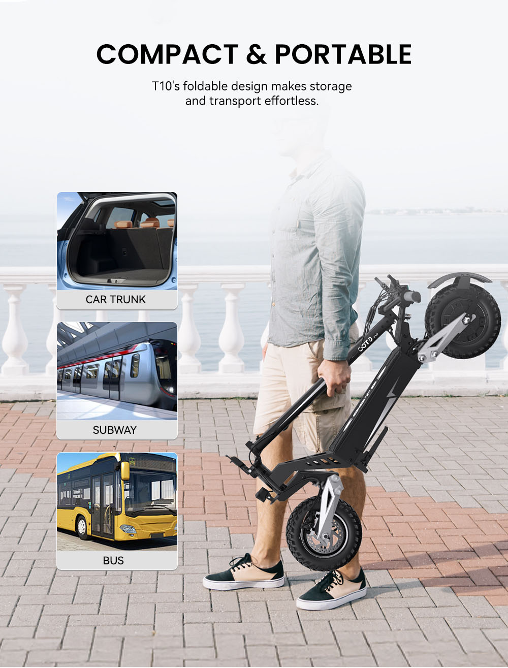 OOTD Scooter eléctrico T10, motor de 500 W, batería de 48 V 13,5 Ah, neumáticos de 11 pulgadas, velocidad máxima de 50 km/h, alcance de 45 km, frenos de disco delanteros y traseros, amortiguadores de resorte delanteros y traseros