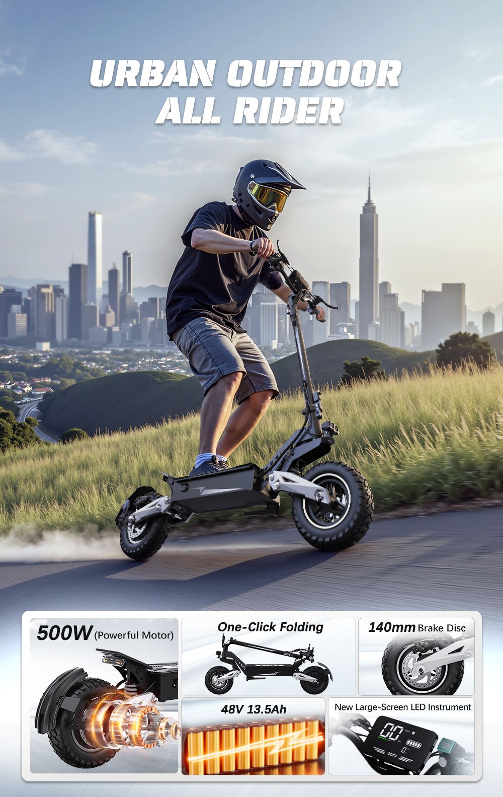 OOTD Scooter eléctrico T10, motor de 500 W, batería de 48 V 13,5 Ah, neumáticos de 11 pulgadas, velocidad máxima de 50 km/h, alcance de 45 km, frenos de disco delanteros y traseros, amortiguadores de resorte delanteros y traseros