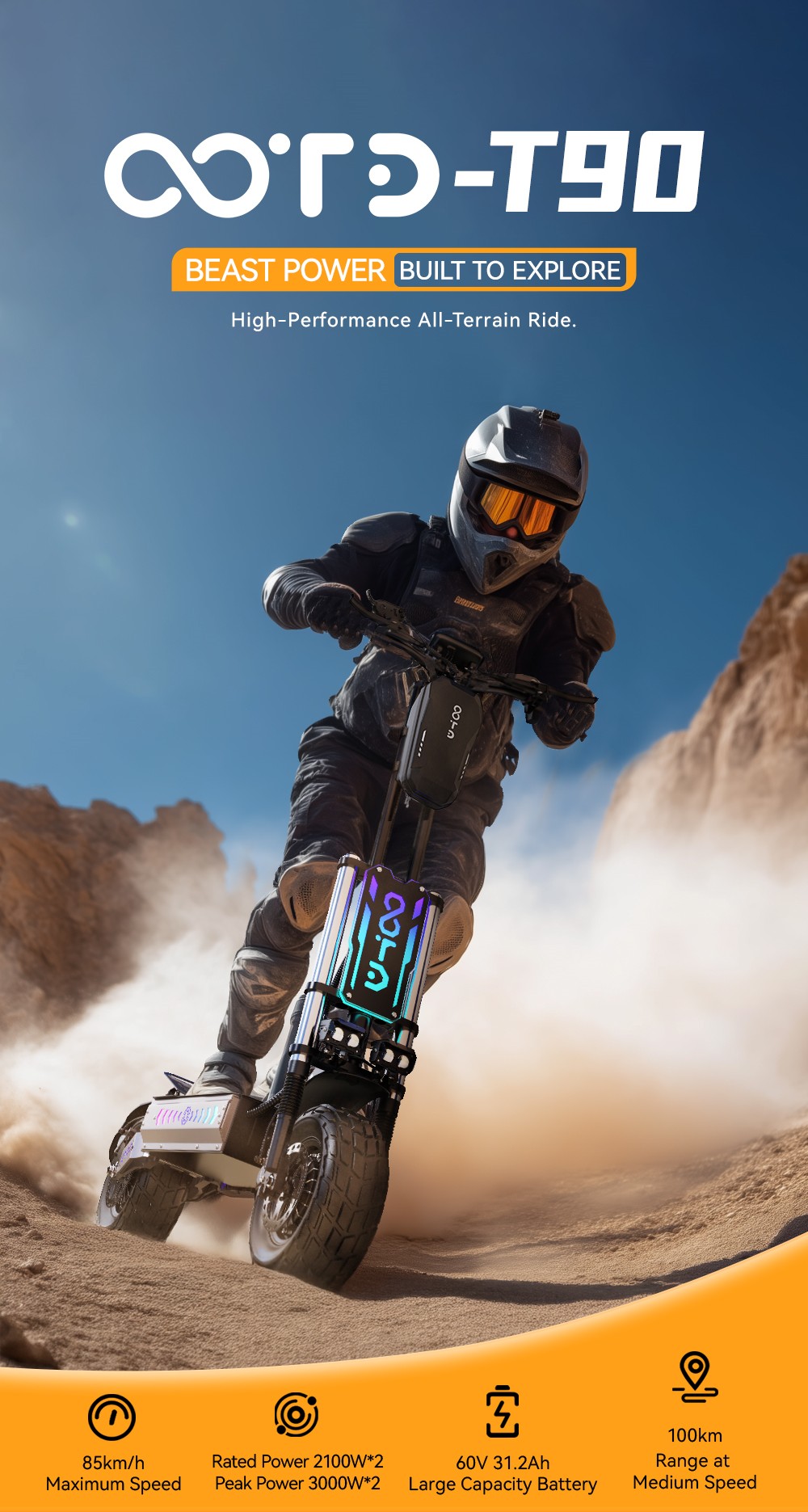 Patinete eléctrico OOTD T90, motor de 2100 W x 2, batería de 60 V 31,2 Ah, neumáticos de 13 pulgadas, velocidad máxima de 85 km/h, alcance de 100 km, frenos de disco hidráulicos, suspensión hidráulica doble delantera y suspensión trasera de doble resorte