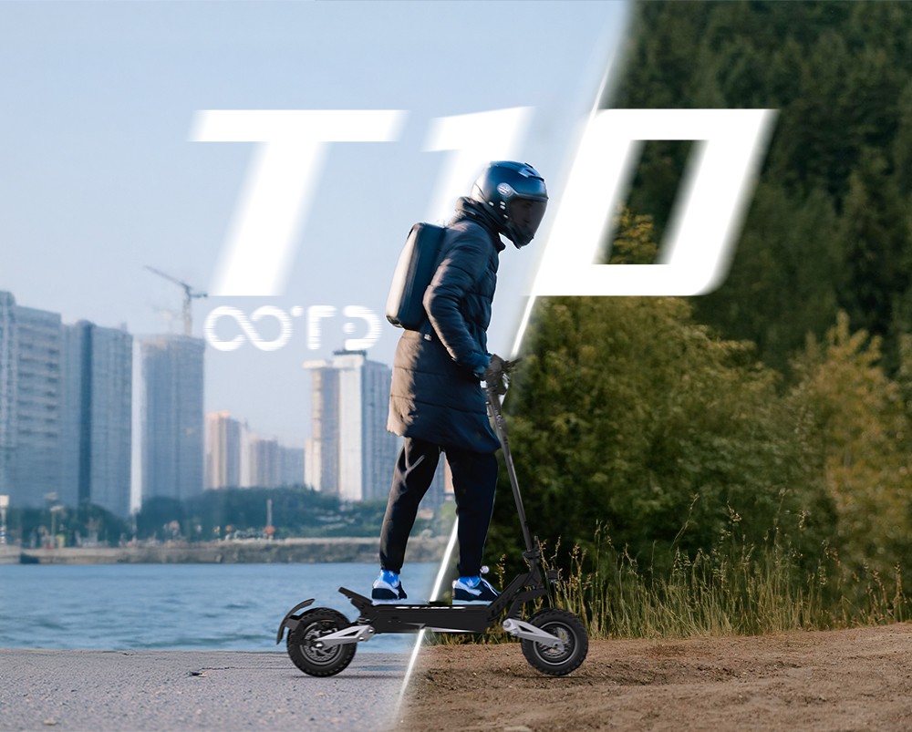OOTD Scooter eléctrico T10, motor de 500 W, batería de 48 V 13,5 Ah, neumáticos de 11 pulgadas, velocidad máxima de 50 km/h, alcance de 45 km, frenos de disco delanteros y traseros, amortiguadores de resorte delanteros y traseros