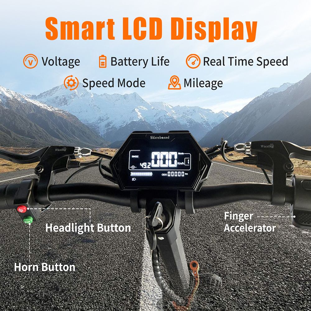 Trottinette électrique TWOFISH V4 MAX avec siège, moteur 199 W, batterie 51 V 81 Ah, pneus avant 88 pouces et arrière 89 pouces, vitesse maximale 54 km-h, autonomie 54 km, freins à disque avant et arrière, double suspension avant et arrière, écran LCD