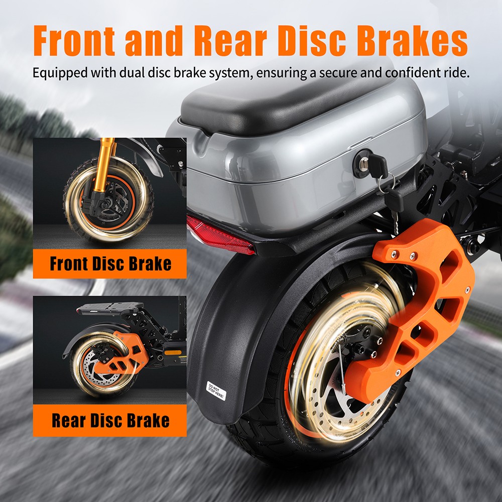 Trottinette électrique TWOFISH V4 MAX avec siège, moteur 199 W, batterie 51 V 81 Ah, pneus avant 88 pouces et arrière 89 pouces, vitesse maximale 54 km-h, autonomie 54 km, freins à disque avant et arrière, double suspension avant et arrière, écran LCD