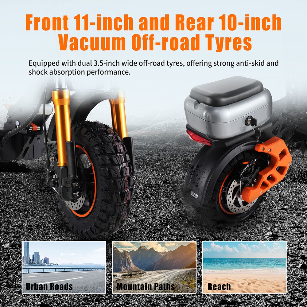 Trottinette électrique TWOFISH V4 MAX avec siège, moteur 199 W, batterie 51 V 81 Ah, pneus avant 88 pouces et arrière 89 pouces, vitesse maximale 54 km-h, autonomie 54 km, freins à disque avant et arrière, double suspension avant et arrière, écran LCD