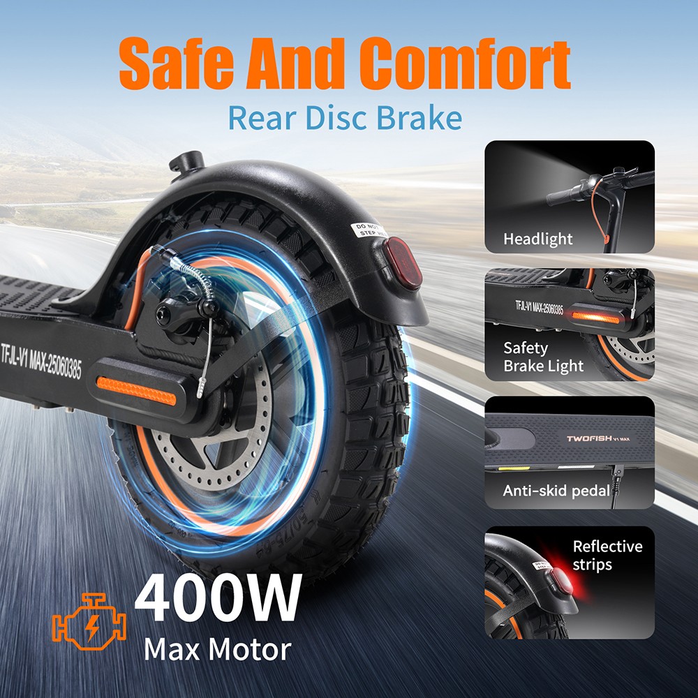 Ηλεκτρικό σκούτερ TWOFISH V1 MAX, κινητήρας 400 W, μπαταρία 36 V 10,4 Ah, ελαστικά 10 ιντσών, μέγιστη ταχύτητα 32 km/h, αυτονομία 25 km, πίσω δισκόφρενο, οθόνη LCD
