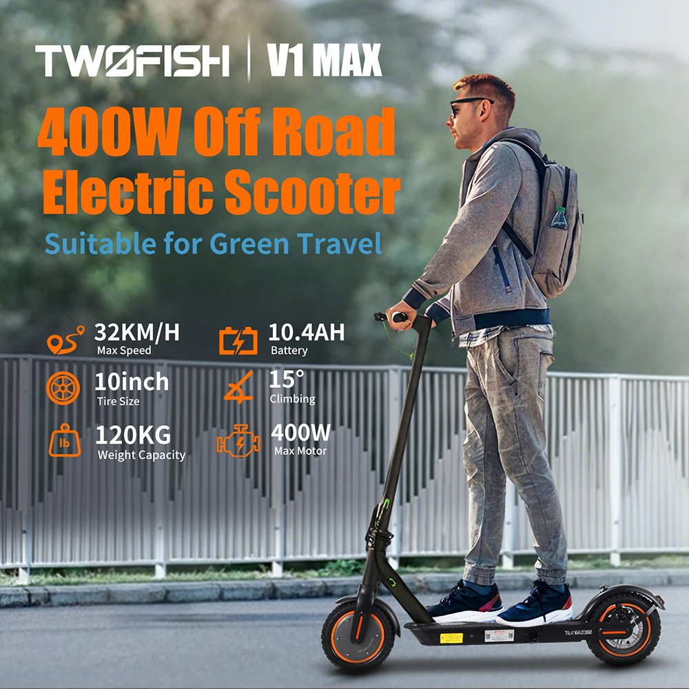 Ηλεκτρικό σκούτερ TWOFISH V1 MAX, κινητήρας 400 W, μπαταρία 36 V 10,4 Ah, ελαστικά 10 ιντσών, μέγιστη ταχύτητα 32 km/h, αυτονομία 25 km, πίσω δισκόφρενο, οθόνη LCD