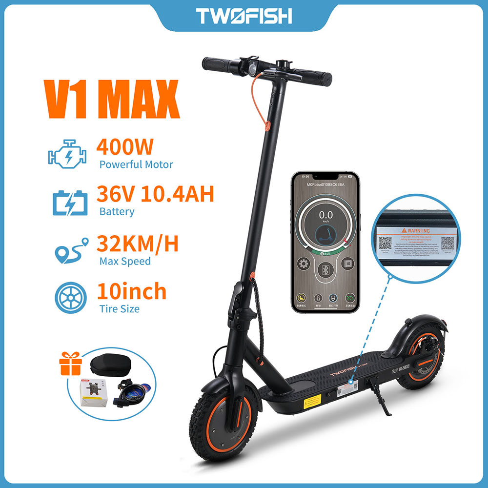 Ηλεκτρικό σκούτερ TWOFISH V1 MAX, κινητήρας 400 W, μπαταρία 36 V 10,4 Ah, ελαστικά 10 ιντσών, μέγιστη ταχύτητα 32 km/h, αυτονομία 25 km, πίσω δισκόφρενο, οθόνη LCD