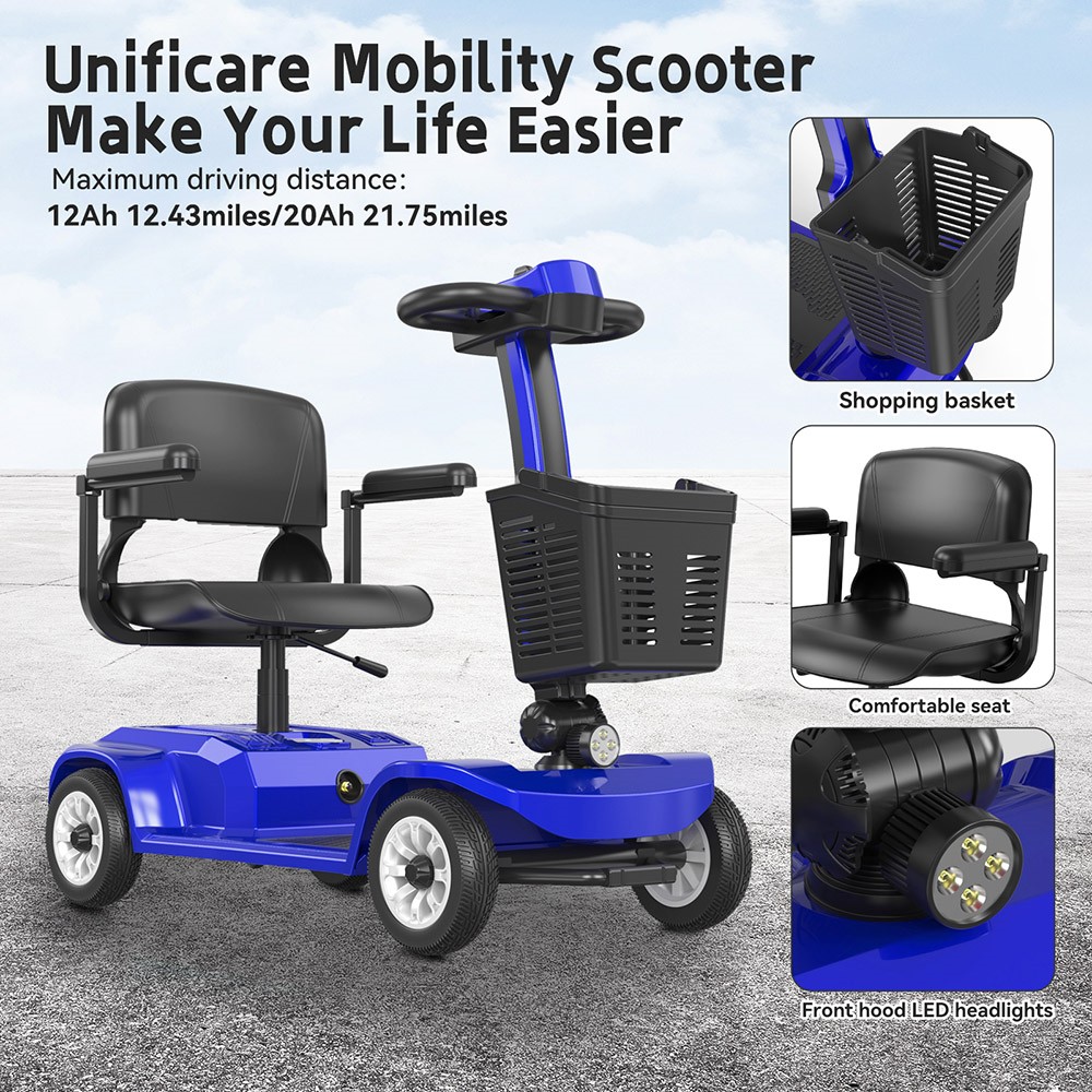 Unificare Lucas Pro scooter, 180 W motor, 24 V 12 Ah batteri, 8 tommer dæk, maksimal hastighed 6 km/t, rækkevidde 20 km, magnetbremse, maksimal belastning 190 kg - Blå
