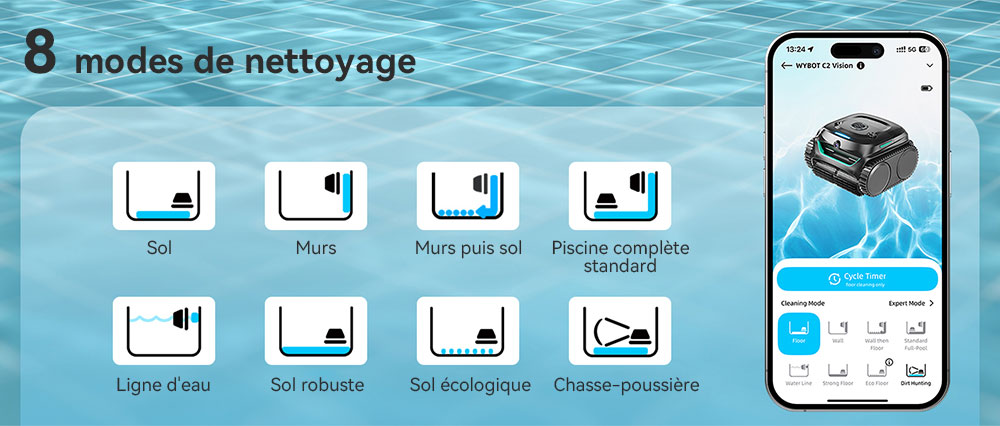 Aspirateur robot de piscine sans fil WYBOT C7 Vision, détection de débris avec caméra AI, nettoyage principal 1 en 8, filtration à deux couches, moteurs sans balais pour une aspiration puissante, pour piscines jusqu'à 8059 pieds carrés, noir vert