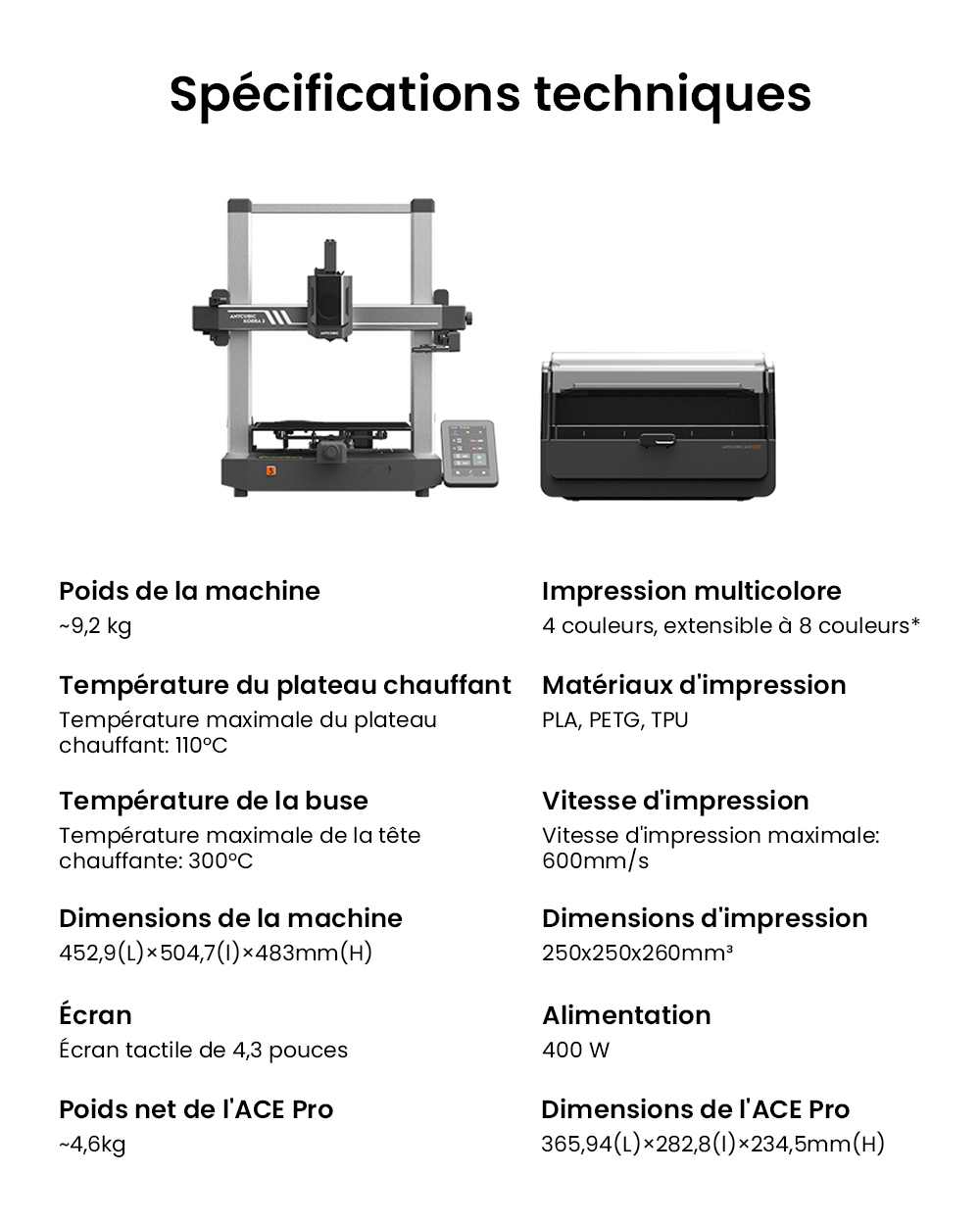 3D nyomtató Anycubic Kobra 3 kombináció, Ace Pro, maximális sebessége 600 mm/s, dupla PTC fűtési rendszer, intelligens többszínű nyomtatás, automatikus frissítés, fúvóka eltömődési detektálása, kibővíthető méret 250 x 250 x 260 mm