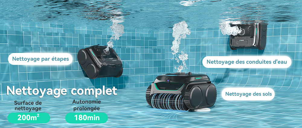 Aspirateur robot de piscine sans fil WYBOT C7 Vision, détection de débris avec caméra AI, nettoyage principal 1 en 8, filtration à deux couches, moteurs sans balais pour une aspiration puissante, pour piscines jusqu'à 8059 pieds carrés, noir vert