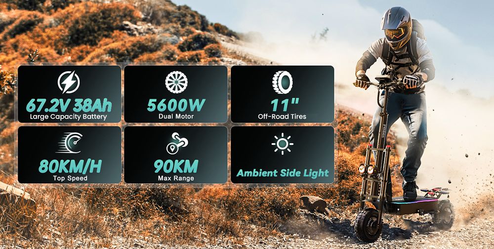 Skuter elektryczny FENGQS GT8 PRO, silnik 2800 W x 2, akumulator 67,2 V 38 Ah, opony 11 cali, prędkość maksymalna 80 km/h, zasięg 90 km, hydrauliczne hamulce tarczowe, podwójne zawieszenie, wyświetlacz LCD