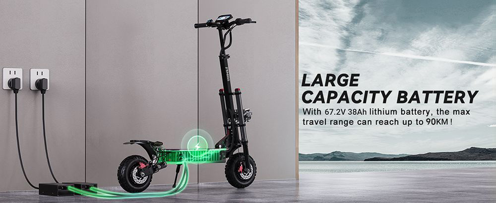 Skuter elektryczny FENGQS GT8 PRO, silnik 2800 W x 2, akumulator 67,2 V 38 Ah, opony 11 cali, prędkość maksymalna 80 km/h, zasięg 90 km, hydrauliczne hamulce tarczowe, podwójne zawieszenie, wyświetlacz LCD