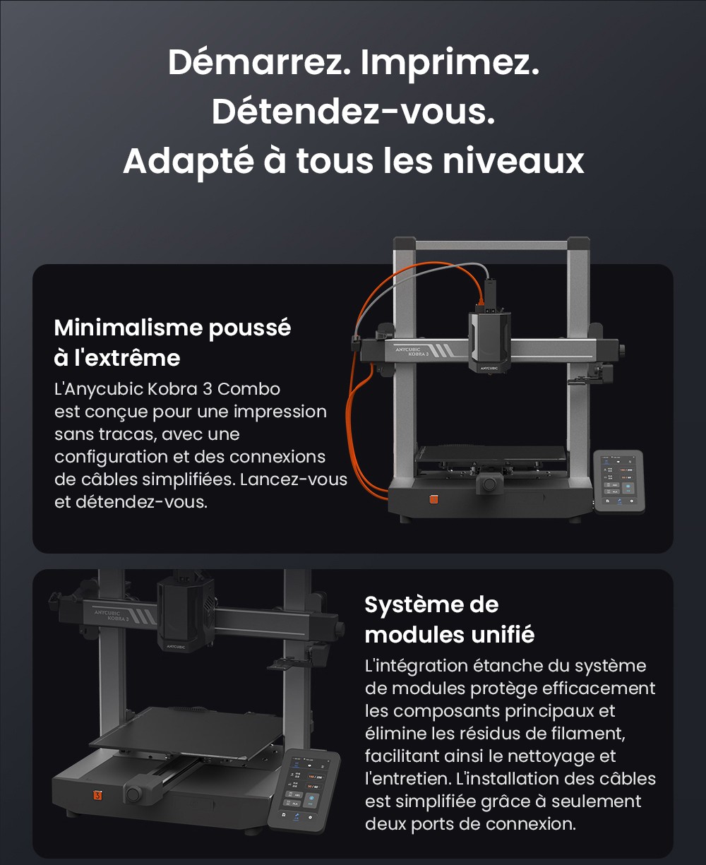 3D nyomtató Anycubic Kobra 3 kombináció, Ace Pro, maximális sebessége 600 mm/s, dupla PTC fűtési rendszer, intelligens többszínű nyomtatás, automatikus frissítés, fúvóka eltömődési detektálása, kibővíthető méret 250 x 250 x 260 mm