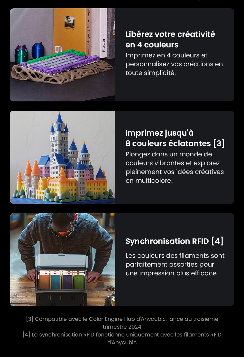 3D nyomtató Anycubic Kobra 3 kombináció, Ace Pro, maximális sebessége 600 mm/s, dupla PTC fűtési rendszer, intelligens többszínű nyomtatás, automatikus frissítés, fúvóka eltömődési detektálása, kibővíthető méret 250 x 250 x 260 mm