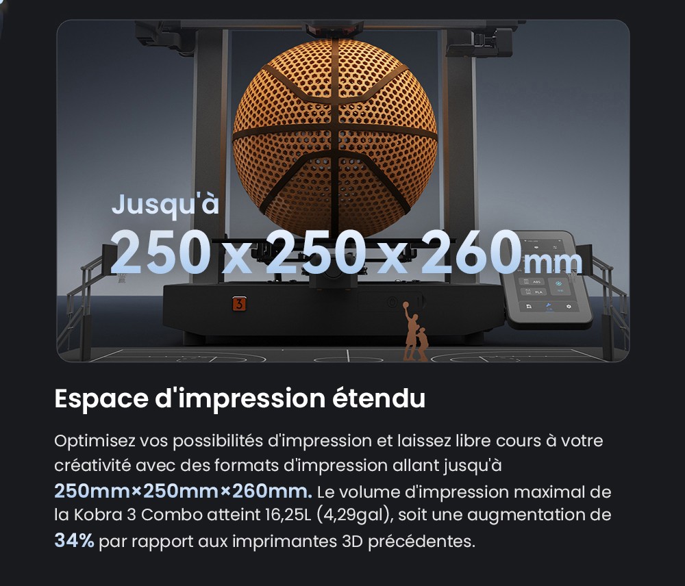 3D nyomtató Anycubic Kobra 3 kombináció, Ace Pro, maximális sebessége 600 mm/s, dupla PTC fűtési rendszer, intelligens többszínű nyomtatás, automatikus frissítés, fúvóka eltömődési detektálása, kibővíthető méret 250 x 250 x 260 mm