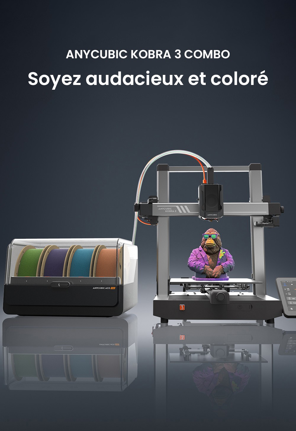 3D nyomtató Anycubic Kobra 3 kombináció, Ace Pro, maximális sebessége 600 mm/s, dupla PTC fűtési rendszer, intelligens többszínű nyomtatás, automatikus frissítés, fúvóka eltömődési detektálása, kibővíthető méret 250 x 250 x 260 mm