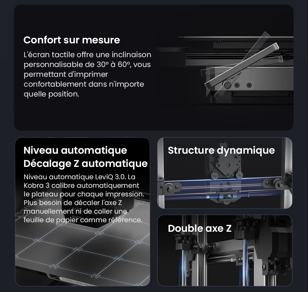 3D nyomtató Anycubic Kobra 3 kombináció, Ace Pro, maximális sebessége 600 mm/s, dupla PTC fűtési rendszer, intelligens többszínű nyomtatás, automatikus frissítés, fúvóka eltömődési detektálása, kibővíthető méret 250 x 250 x 260 mm