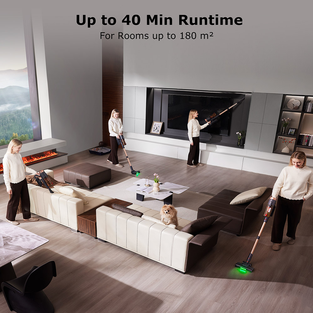 Proscenic P11 Aspirador Ultra Inalámbrico, Succión 40 kPa, Autonomía 40 Min, Cepillo Antienredos, Filtración de 4 Capas, Faros LED Verdes