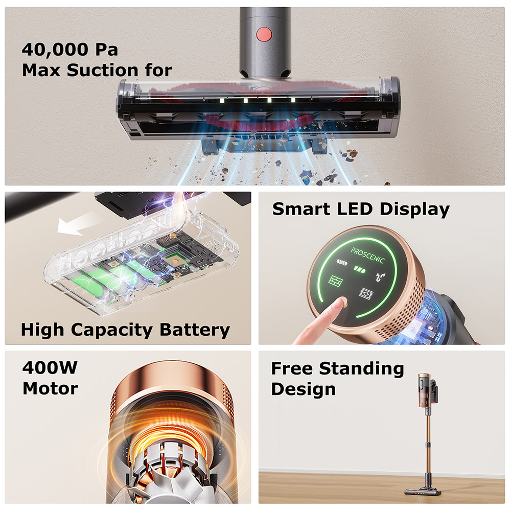Proscenic P11 Aspirador Ultra Inalámbrico, Succión 40 kPa, Autonomía 40 Min, Cepillo Antienredos, Filtración de 4 Capas, Faros LED Verdes