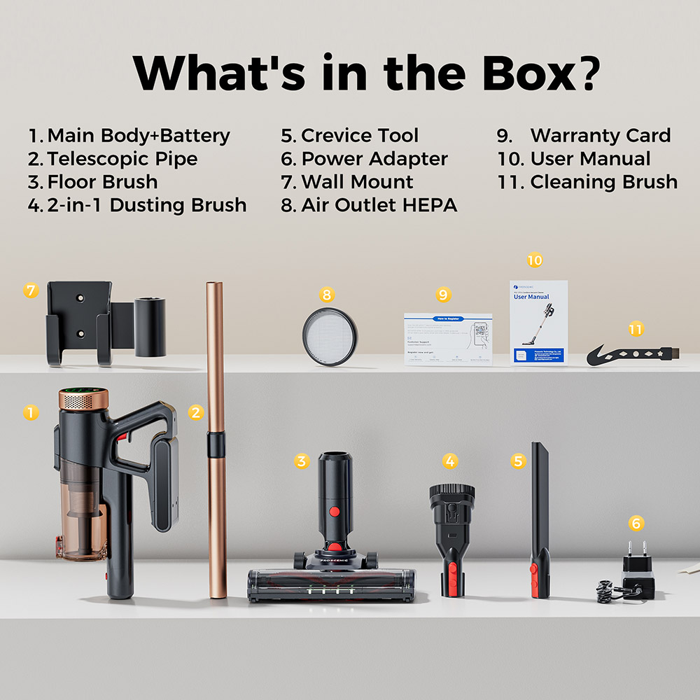 Proscenic P11 Aspirador Ultra Inalámbrico, Succión 40 kPa, Autonomía 40 Min, Cepillo Antienredos, Filtración de 4 Capas, Faros LED Verdes