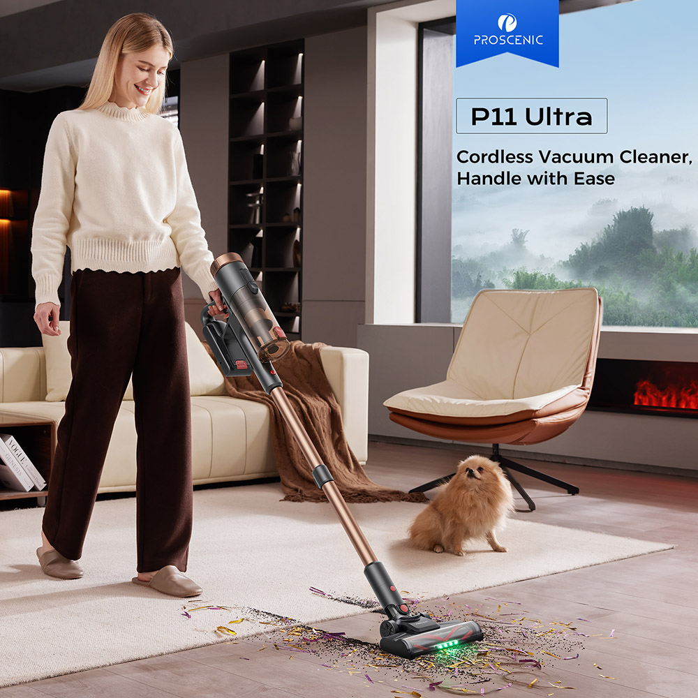 Proscenic P11 Aspirador Ultra Inalámbrico, Succión 40 kPa, Autonomía 40 Min, Cepillo Antienredos, Filtración de 4 Capas, Faros LED Verdes