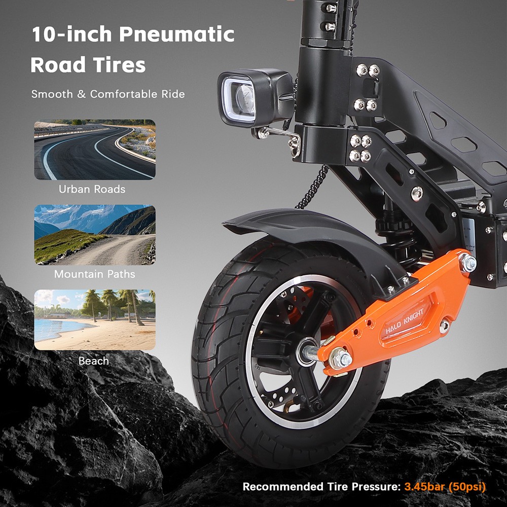 Halo Knight T102 el-scooter, 1200 W motor, 52 V 21 Ah batteri, 10 tommer dæk, maksimal hastighed 50 km/t, rækkevidde 45 km, dobbelte skivebremser, dobbelt affjedring