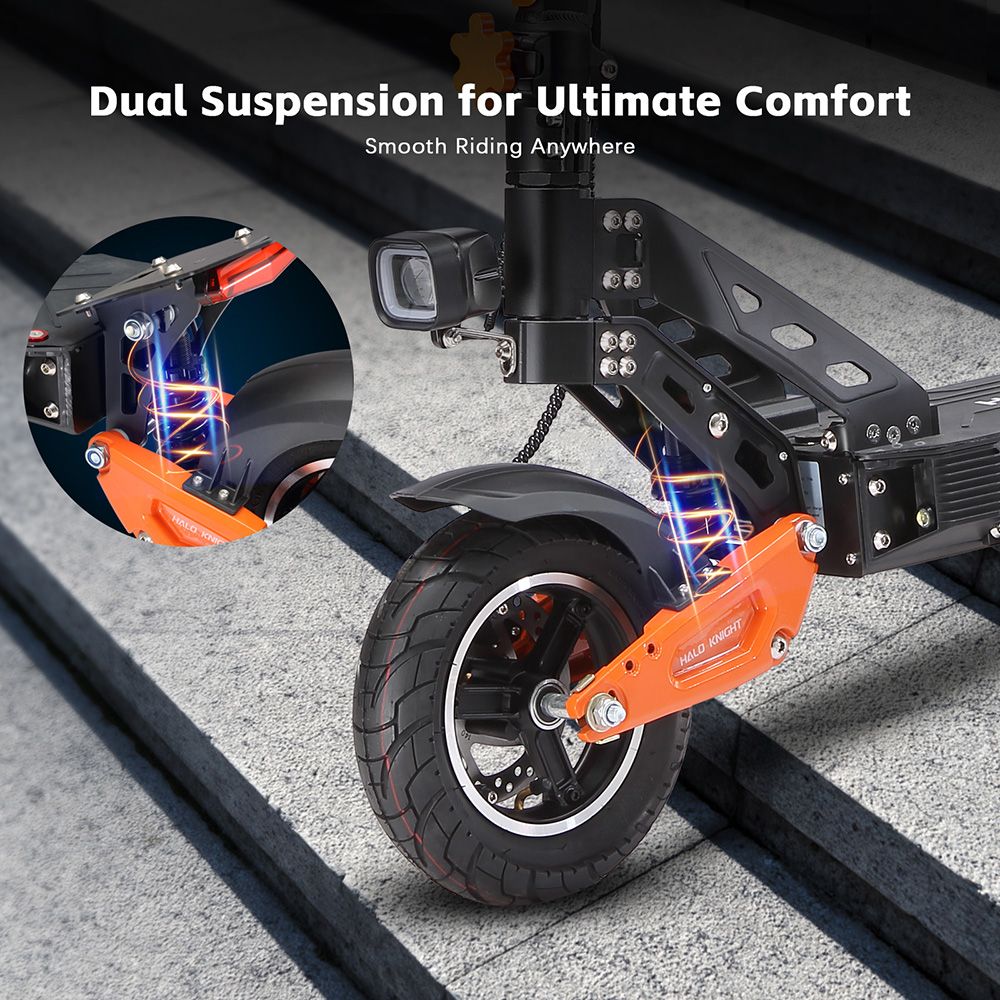 Halo Knight T102 el-scooter, 1200 W motor, 52 V 21 Ah batteri, 10 tommer dæk, maksimal hastighed 50 km/t, rækkevidde 45 km, dobbelte skivebremser, dobbelt affjedring