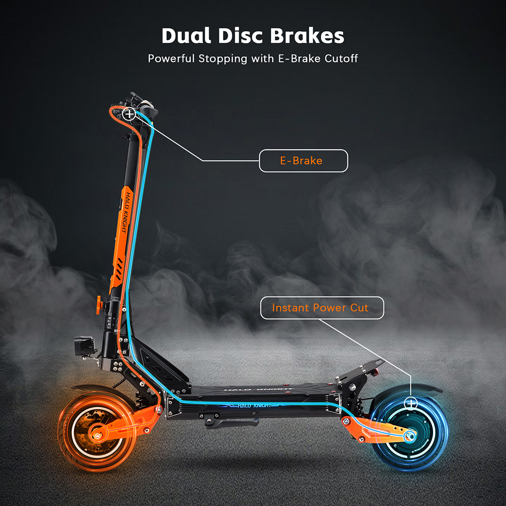 Halo Knight T102 el-scooter, 1200 W motor, 52 V 21 Ah batteri, 10 tommer dæk, maksimal hastighed 50 km/t, rækkevidde 45 km, dobbelte skivebremser, dobbelt affjedring