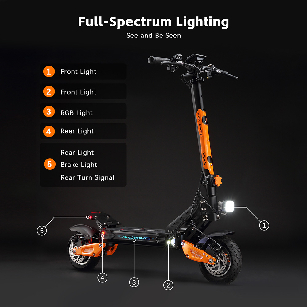 Halo Knight T102 el-scooter, 1200 W motor, 52 V 21 Ah batteri, 10 tommer dæk, maksimal hastighed 50 km/t, rækkevidde 45 km, dobbelte skivebremser, dobbelt affjedring