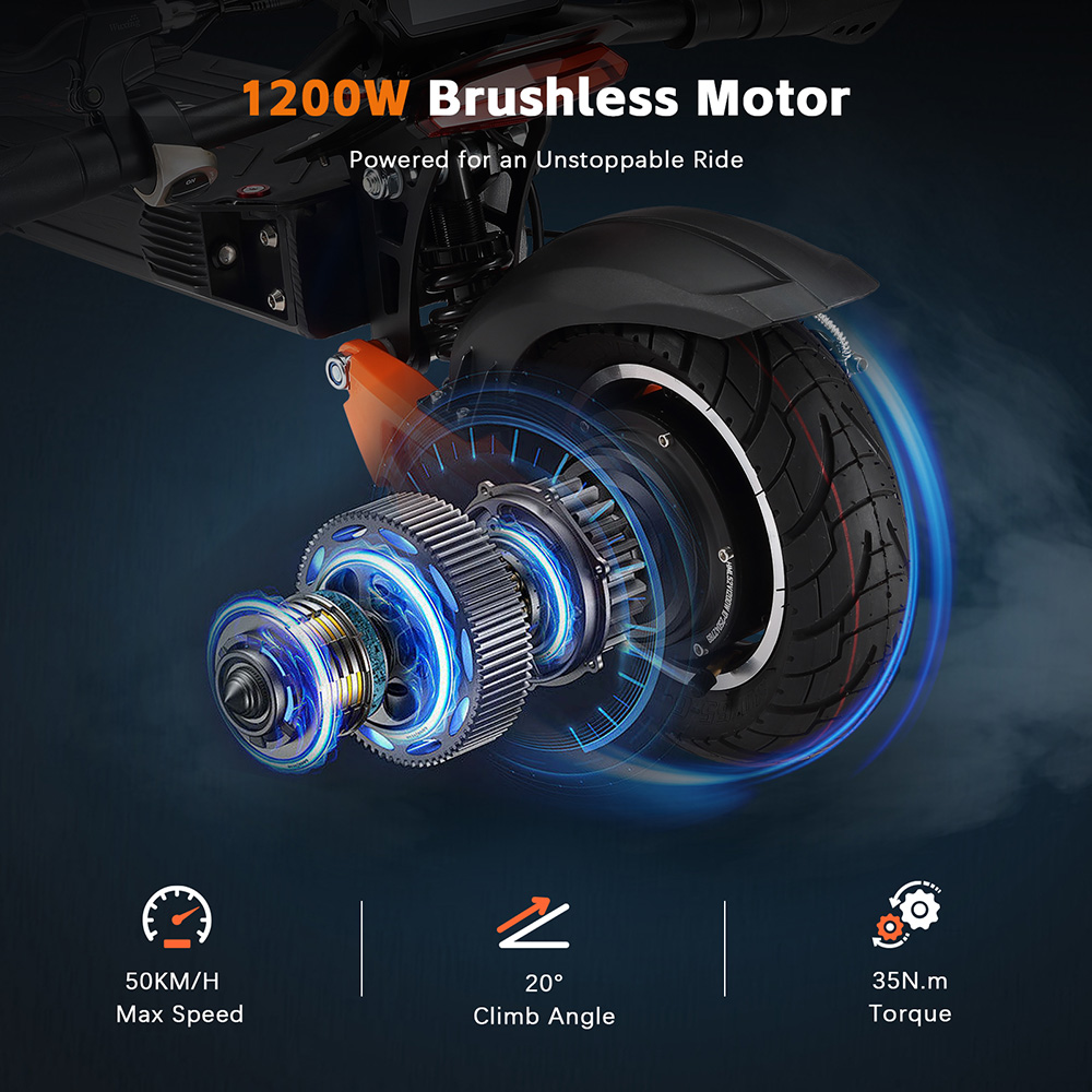 Halo Knight T102 el-scooter, 1200 W motor, 52 V 21 Ah batteri, 10 tommer dæk, maksimal hastighed 50 km/t, rækkevidde 45 km, dobbelte skivebremser, dobbelt affjedring