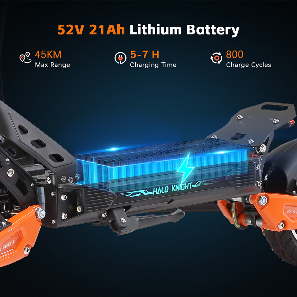 Halo Knight T102 el-scooter, 1200 W motor, 52 V 21 Ah batteri, 10 tommer dæk, maksimal hastighed 50 km/t, rækkevidde 45 km, dobbelte skivebremser, dobbelt affjedring