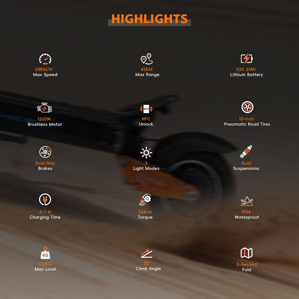 Halo Knight T102 el-scooter, 1200 W motor, 52 V 21 Ah batteri, 10 tommer dæk, maksimal hastighed 50 km/t, rækkevidde 45 km, dobbelte skivebremser, dobbelt affjedring