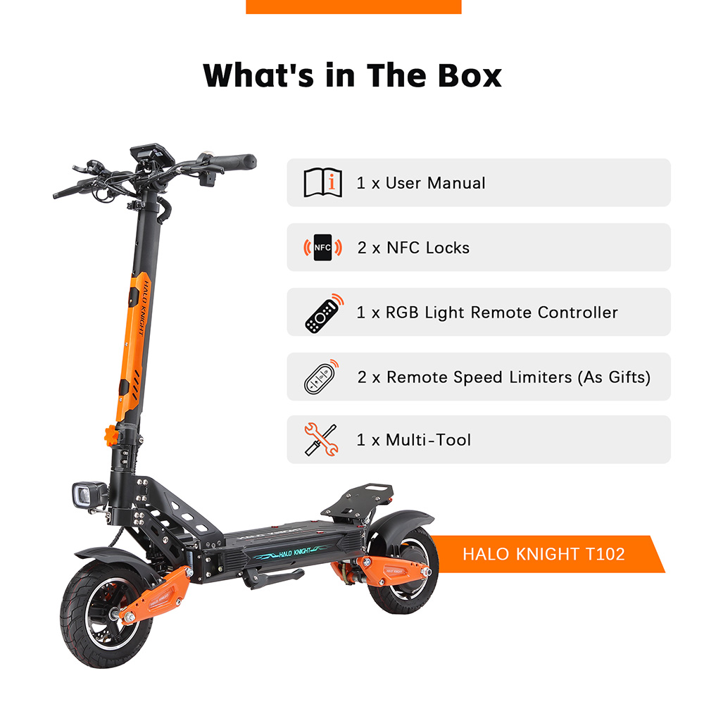 Halo Knight T102 el-scooter, 1200 W motor, 52 V 21 Ah batteri, 10 tommer dæk, maksimal hastighed 50 km/t, rækkevidde 45 km, dobbelte skivebremser, dobbelt affjedring