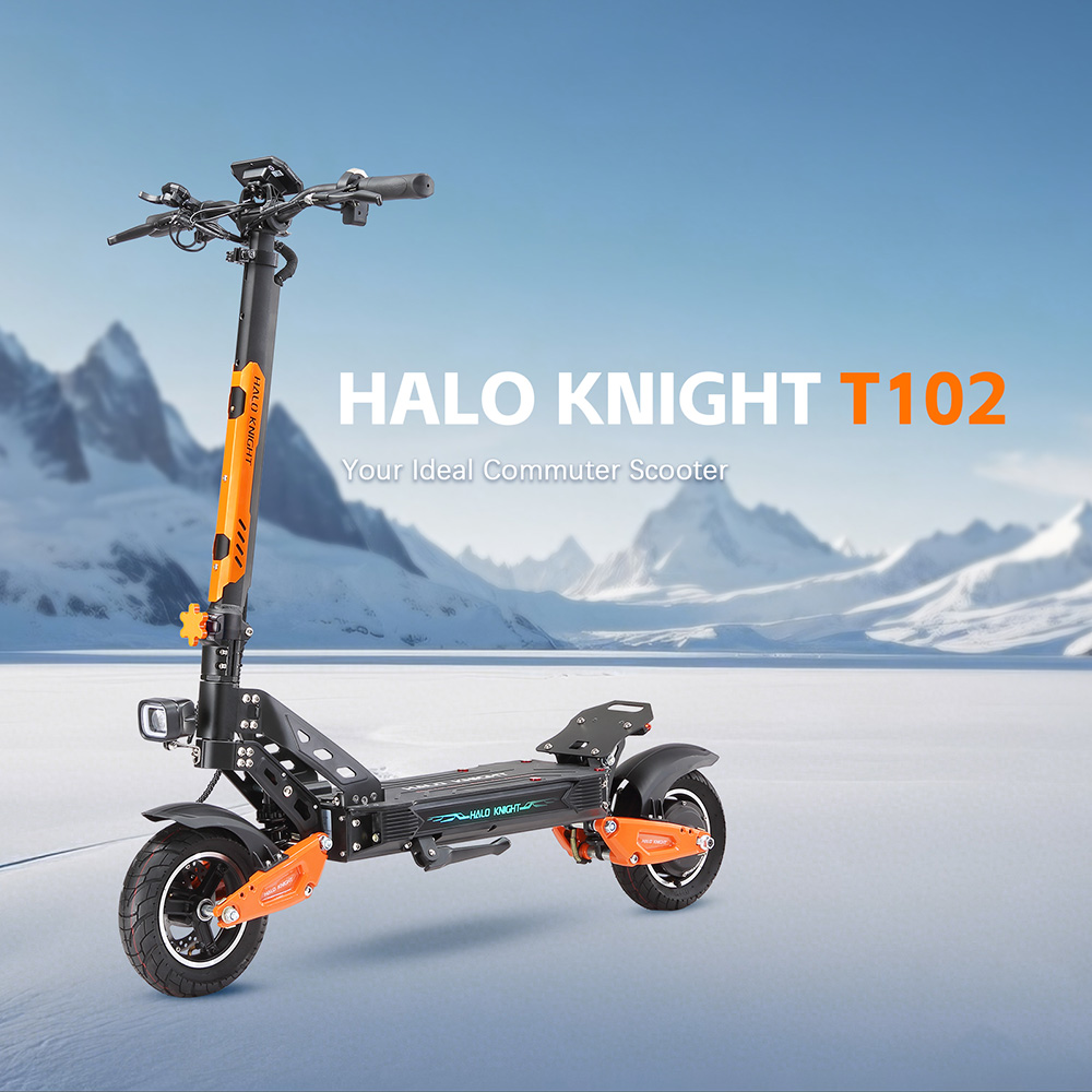 Halo Knight T102 el-scooter, 1200 W motor, 52 V 21 Ah batteri, 10 tommer dæk, maksimal hastighed 50 km/t, rækkevidde 45 km, dobbelte skivebremser, dobbelt affjedring