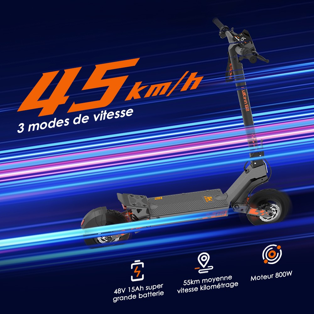 Kukirin G2 Ενημερωμένο 2025 Πτυσσόμενο ηλεκτρικό σκούτερ, κινητήρας 800 W, μπαταρία 48 V 15 Ah, ελαστικό 10 ιντσών, μέγιστη ταχύτητα 45 km/h, αυτονομία 55 km, οθόνη αφής, δισκόφρενο, σύστημα 7 φώτων - Μαύρο