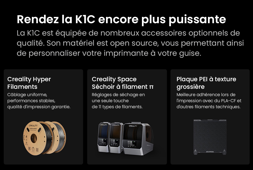 3D Creality K1C nyomtató, maximális sebesség 600 mm/s, AI kamera, gyors cserélési fúvóka, teljes egészében fémben, szénszálas nyomatok, légszűrő és csendes módban