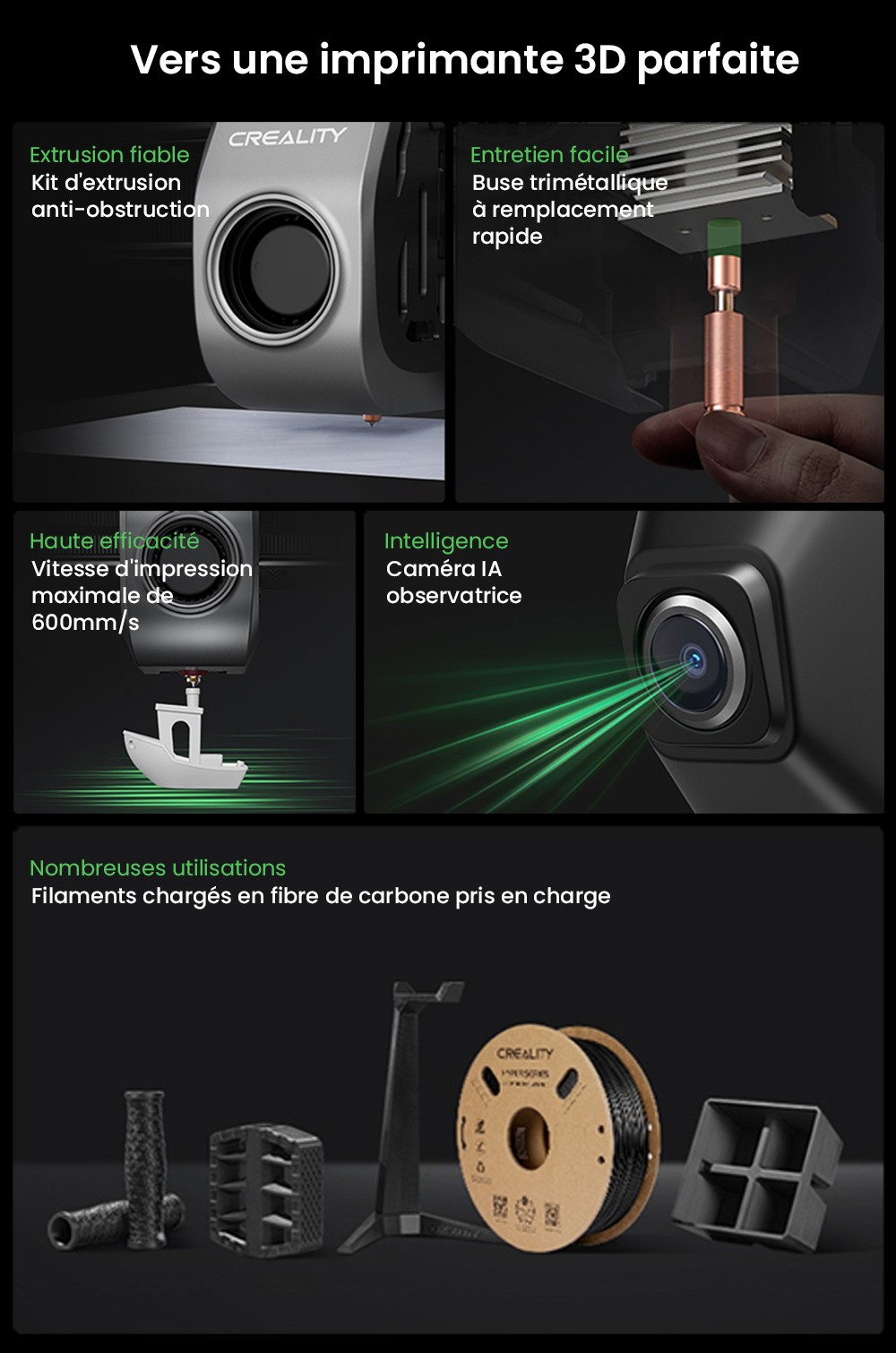 6D Creality K8C nyomtató, 399 mm-es maximális sebesség, automatikus frissítés, AI kamera, gyors cserélési fúvóka, teljesen fémkiváló, szénszálas nyomatok, légszűrő és csendes mód