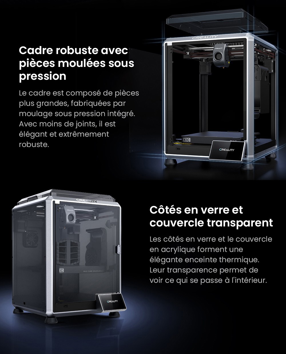 3D Creality K1C nyomtató, maximális sebesség 600 mm/s, AI kamera, gyors cserélési fúvóka, teljes egészében fémben, szénszálas nyomatok, légszűrő és csendes módban
