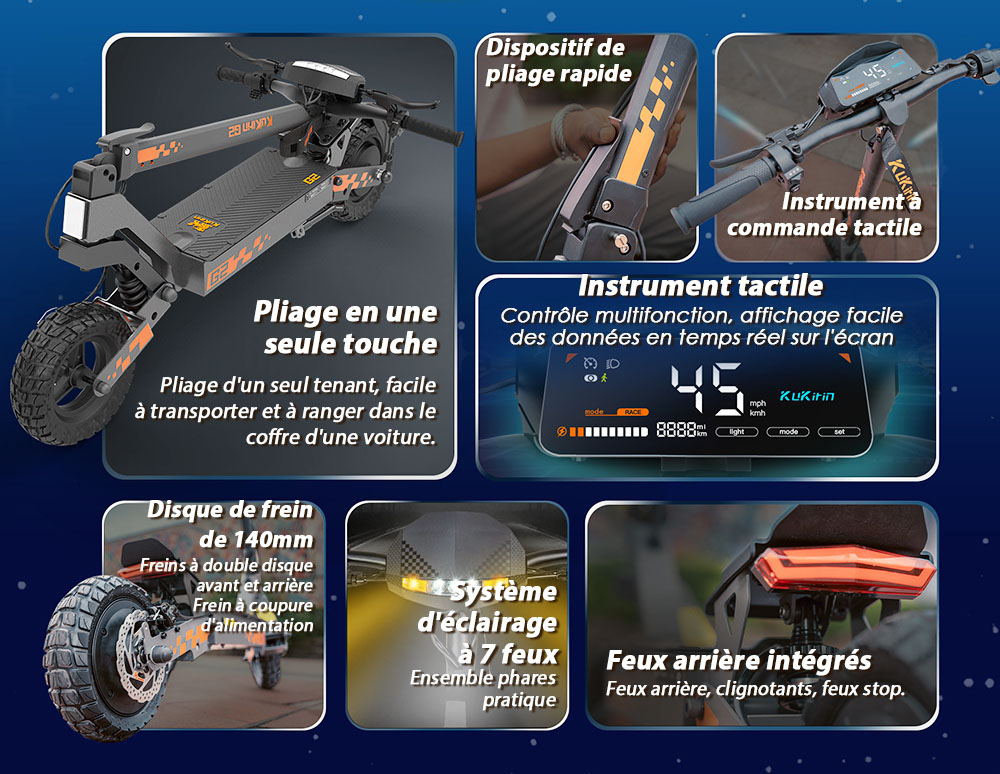 Kukirin G2 Ενημερωμένο 2025 Πτυσσόμενο ηλεκτρικό σκούτερ, κινητήρας 800 W, μπαταρία 48 V 15 Ah, ελαστικό 10 ιντσών, μέγιστη ταχύτητα 45 km/h, αυτονομία 55 km, οθόνη αφής, δισκόφρενο, σύστημα 7 φώτων - Μαύρο