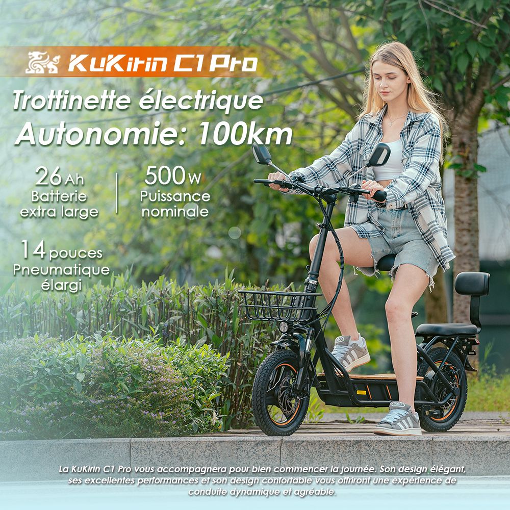 (Uppgraderad version) KuKirin C1 Pro elektrisk skoter, 500W motor, 48V 26Ah batteri, 14 tums luftdäck, maxhastighet 45km, räckvidd 100km, hopfällbar med ett klick, baksäte och främre förvaringskorg, backspegel