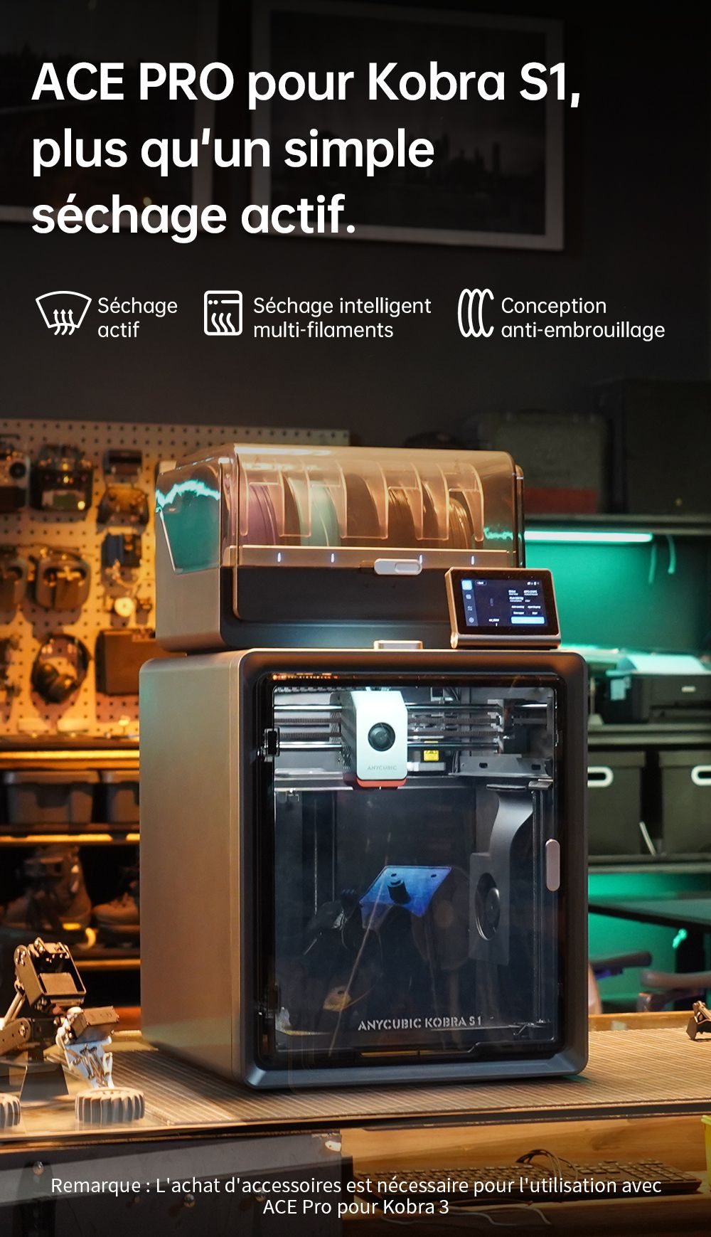 Stampante 3D ANYCUBIC KOBRA S1 COMBO, stampa a 8 colori vivaci, velocità super veloce 600 mm/s, livellamento automatico, testina di stampa 320°C, ultra silenziosa 44 dB, struttura CoreXY, 250 x 250 x 250 mm