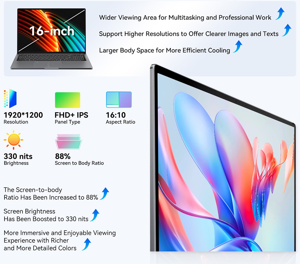 Blackview Acebook 12 Bärbar dator, 16 tum 1920*1200 IPS-skärm, Intel Core i5-1030NG7 4-Core Max 3,5GHz, 16GB RAM 512GB SSD, WiFi 5 Bluetooth 4.2, 1*Full Type-C, 2*USB 3.2,*MI. Kort, 1*Ljuduttag, 57 Wh batteri