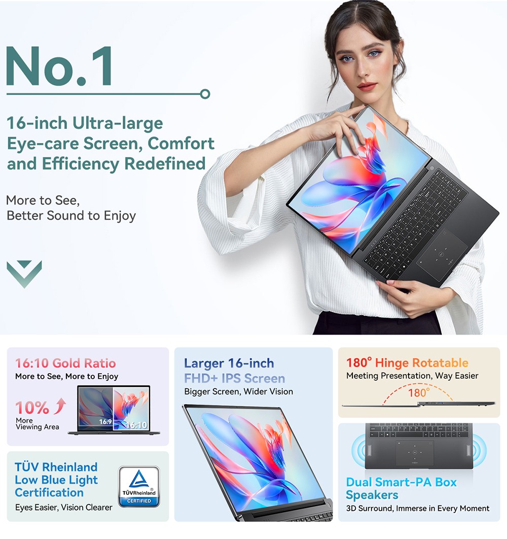 Blackview Acebook 12 Bärbar dator, 16 tum 1920*1200 IPS-skärm, Intel Core i5-1030NG7 4-Core Max 3,5GHz, 16GB RAM 512GB SSD, WiFi 5 Bluetooth 4.2, 1*Full Type-C, 2*USB 3.2,*MI. Kort, 1*Ljuduttag, 57 Wh batteri