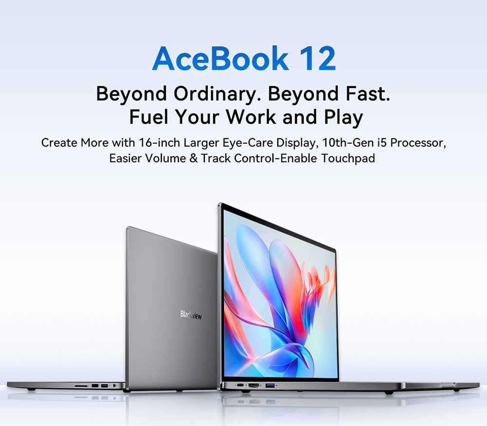 Blackview Acebook 12 Bärbar dator, 16 tum 1920*1200 IPS-skärm, Intel Core i5-1030NG7 4-Core Max 3,5GHz, 16GB RAM 512GB SSD, WiFi 5 Bluetooth 4.2, 1*Full Type-C, 2*USB 3.2,*MI. Kort, 1*Ljuduttag, 57 Wh batteri