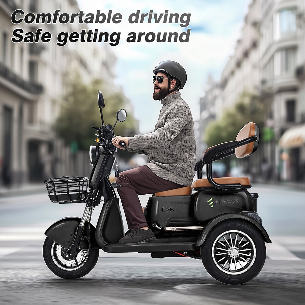Triciclo eléctrico Freejoyer FV6, motor de 1000 W, batería de 60 V 20 Ah, neumáticos de 10 x 3 pulgadas, velocidad máxima 25 km/h, autonomía 55 km, freno de disco delantero y freno de tambor trasero, horquilla delantera hidráulica - Negro