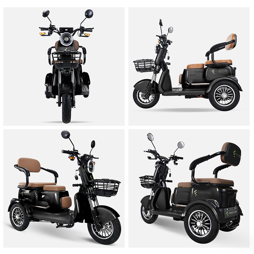 Triciclo eléctrico Freejoyer FV6, motor de 1000 W, batería de 60 V 20 Ah, neumáticos de 10 x 3 pulgadas, velocidad máxima 25 km/h, autonomía 55 km, freno de disco delantero y freno de tambor trasero, horquilla delantera hidráulica - Negro
